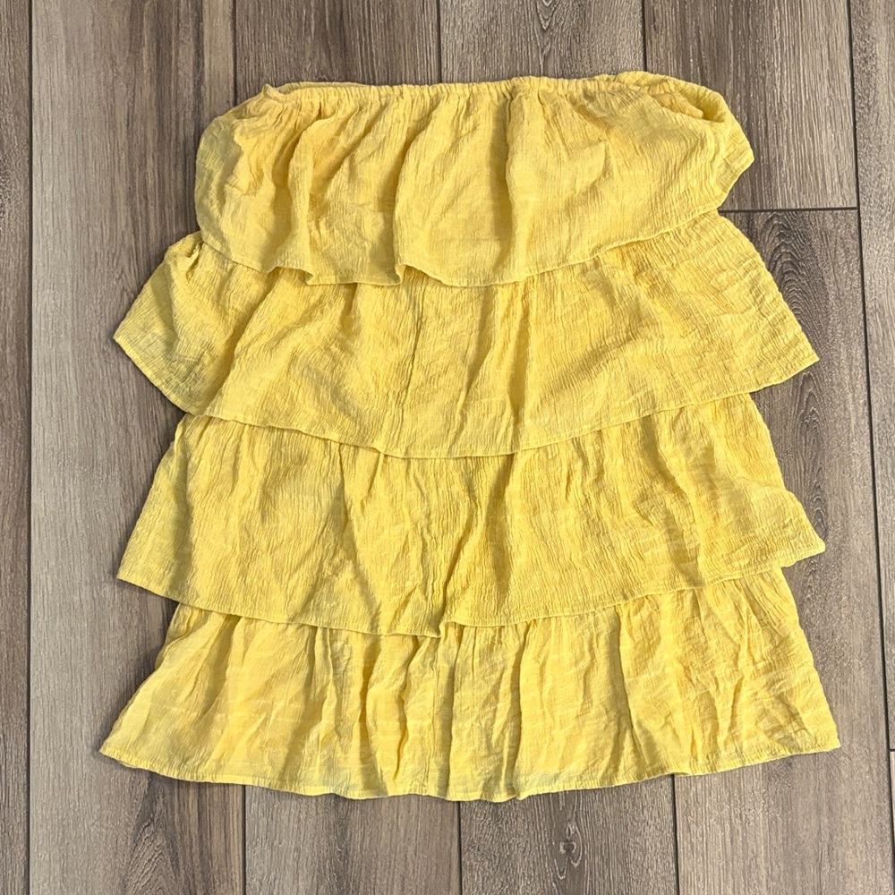 Fashion Nova Butter Yellow Strapless Ruffle Dress